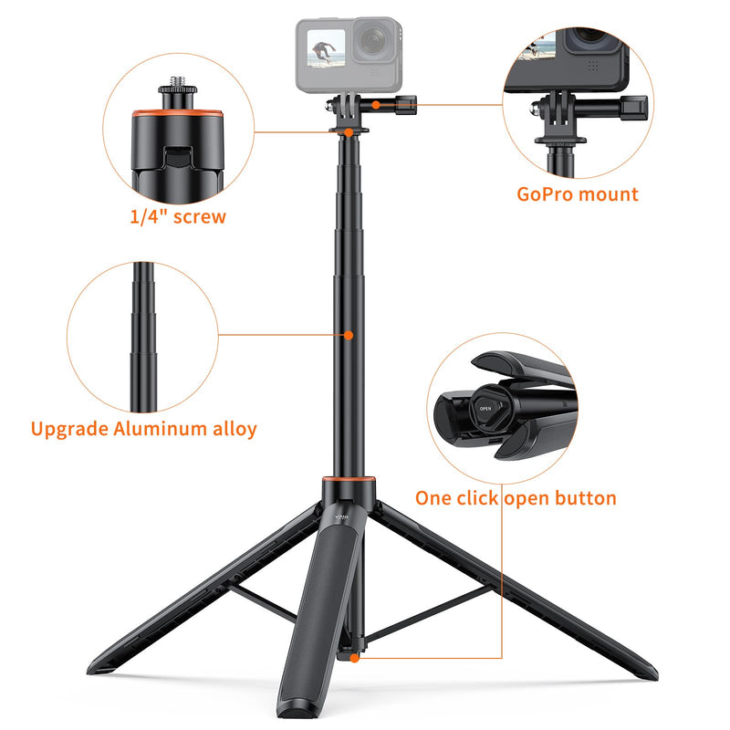 UURig TP21 54inch Telescopic Selfie Stick Long with Tripod, Waterproof Hand Grip, for Insta360 GoPro Hero 10 9 8 7 6 5 4 3 2, Fusion, Max, Session, AKASO, SJCAM, DJI OSMO GoPro A0097