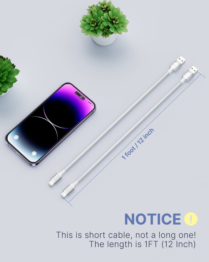[AUSTRALIA] - Aioneus Short iPhone Charger Cord 1ft 2Pack, Apple Certified USB A to Lightning Cable 1 Foot Nylon Braided Short iPhone Cable Fast Charging for iPhone 14 13 12 11 Pro Max XR XS 8 7 6 Plus SE White 2 