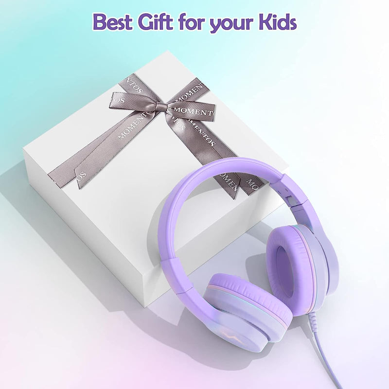 Kids Headphones, Wired Headphones for Kids with Microphone, 85/94dB Volume Limiter Headphones for Girls Boys with Sharing Jack, Foldable Headphones for Online Study, Gradient Deep Purple
