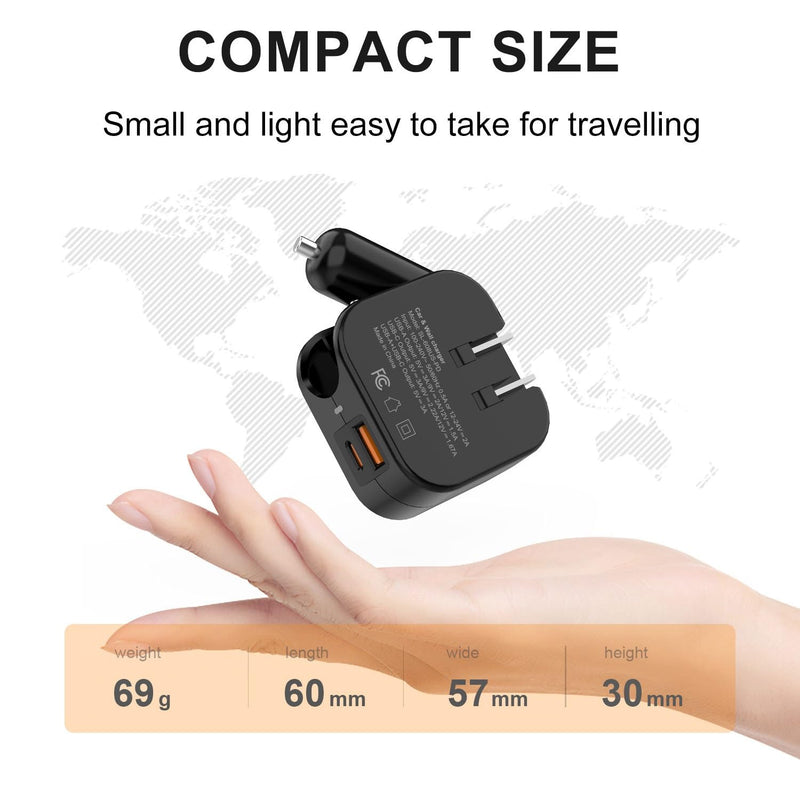 TRON Wall & Car Charger Travel Charging Station, 36W Dual USB-C & USB-A Fast Charger, Foldable for iPhone, iPad, Android, Earbuds – TR17