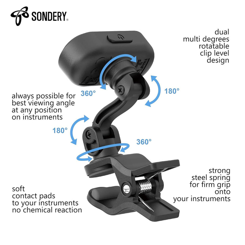 Sondery Guitar Ukulele Tuner Clip On Rechargeable, Easy to Read Simple TFT Screen Extremely Fast and Accurate Tuning, Headstock Chromatic Tuner Pitch 410-460Hz, Perfect for Any Lighting