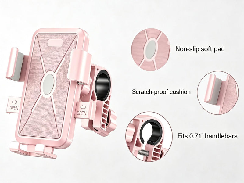 Pink Bike Phone Mount for Women, Anti-Shake Bicycle & Scooter Phone Holder | Slide-to-Lock Bicycle Phone Holder, 360° Rotatable Anti-Shake Scooter Mount for Electric Bike, Motorcycle