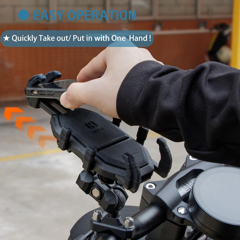 Vibration Damping Motorcycle Phone Mount -Shock Absorbing Bracket with Anti-Theft Design & 1" Ball Base 360° Rotation Universal for 4.0"-7.2" Phones, Fits for 0.5"-1.3" Handlebars