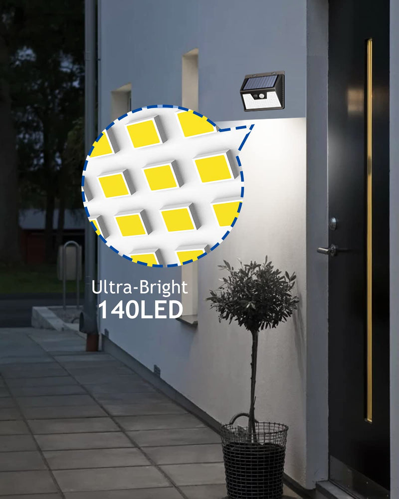 Peasur Solar Lights Outdoor Motion Sensor, 6 Pack 140 LED Solar Powered Fence Light Waterproof, 3 Modes Security Wall Lighting for Outside Yard Deck Garden Black Frame
