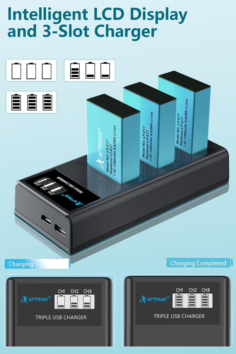 Artman 3-Pack LP-E17 Batteries 1300mAh and 3-Channel LCD Charger Pack for Canon EOS RP R10 R8 R50 Rebel T6i T7i T8i T6s SL2 SL3 EOS M3 M5 M6 200D 77D 750D 760D 800D 8000D KISS X8i Camera 3-Pack*Blue