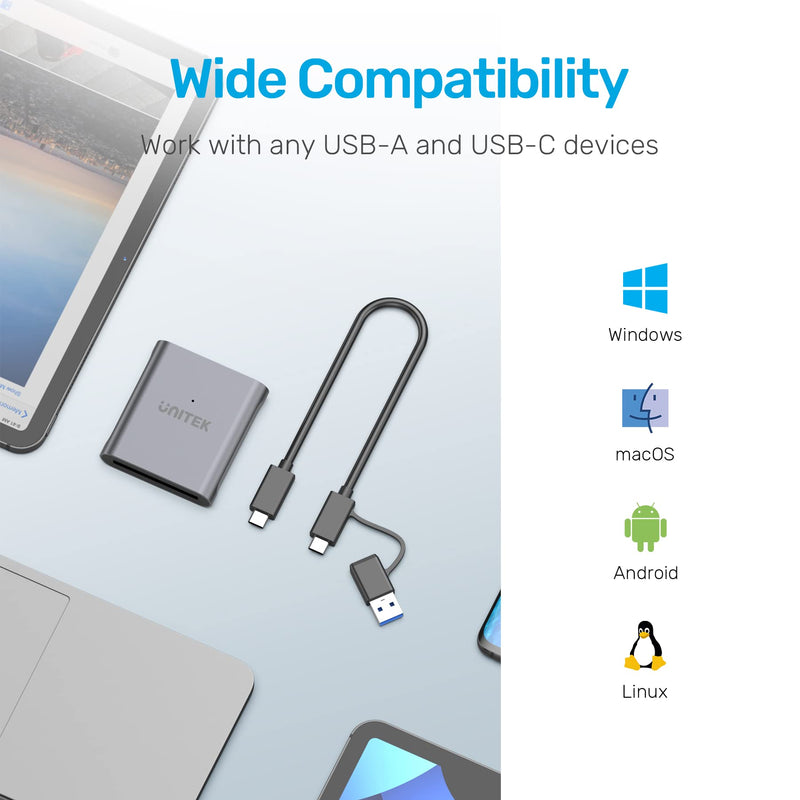 CFast Card Reader, Unitek USB 3.0 USB C CFast 2.0 Card Reader, Portable Aluminum CFast Memory Card Adapter Thunderbolt 3 Port Connection Supported, Compatible for SanDisk, Lexar, Transcend, Sony Card Grey