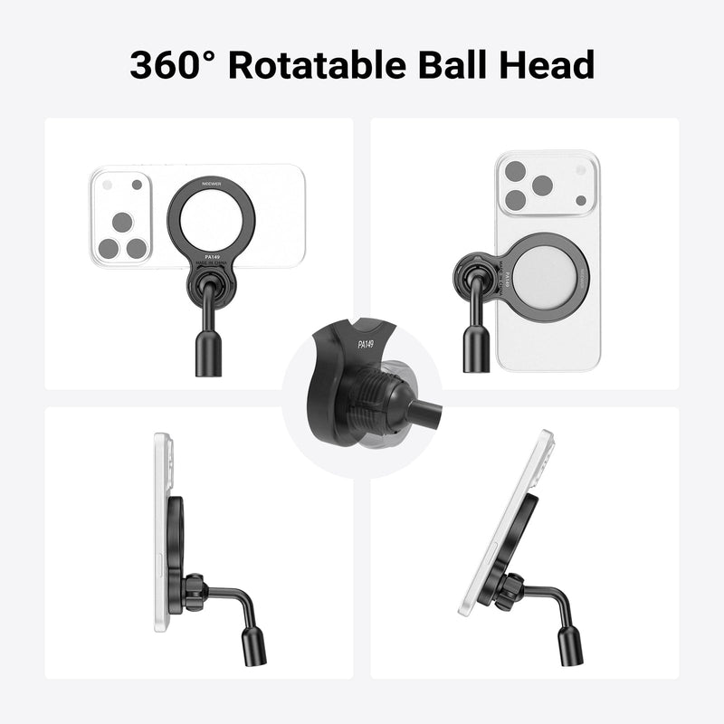 NEEWER Basics Magnetic Phone Tripod Mount Adapter, 360° Ball Head Aluminum Compact Lightweight Portable Phone Holder Attachment Compatible with MagSafe iPhone Samsung Android Video Recording, PA149
