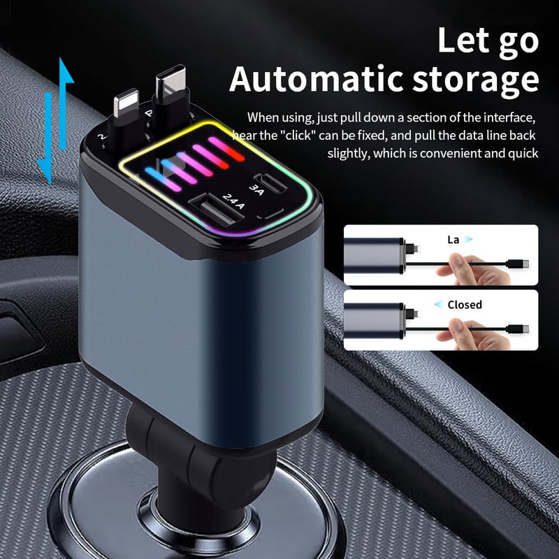 Starlight Retractable Car Charger,66W Starlight in Car roof Fast Car Chargers Adapter 4 in 1 with 2 USB Car Chargers for iPhone 16/15/14/13/12/11 and for Android USB C Cable (X1) X1
