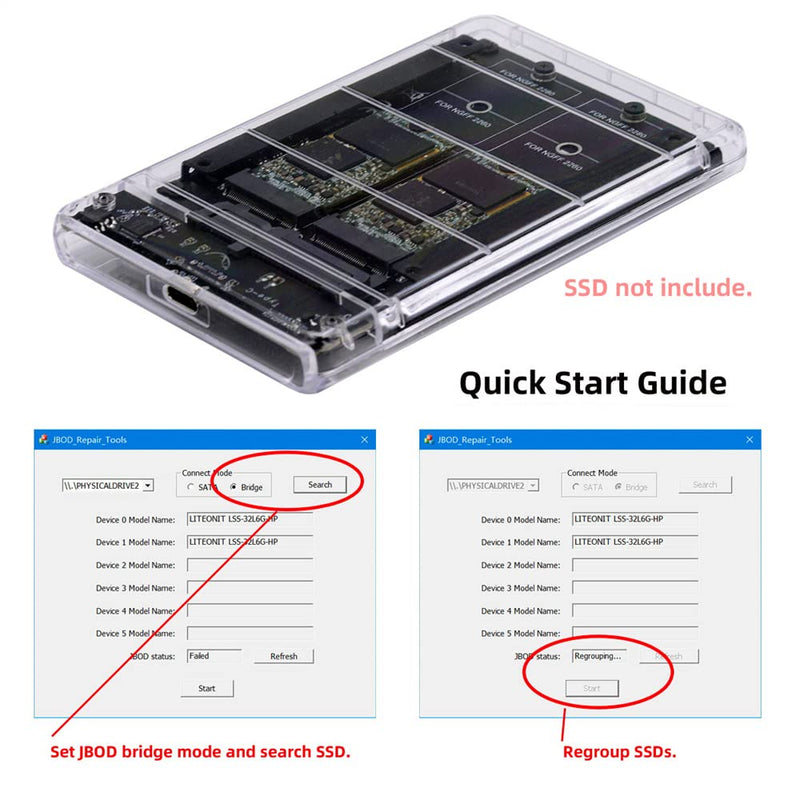cablecc Dual NGFF B+M-Key M.2 SSD Card JOBD Raid0 Span Bridge to USB3.0 Type-C USB-C 2.5inch SATA Combo Enclosure Dual NGFF B+M-Key to USB3.0 SATA Enclosure