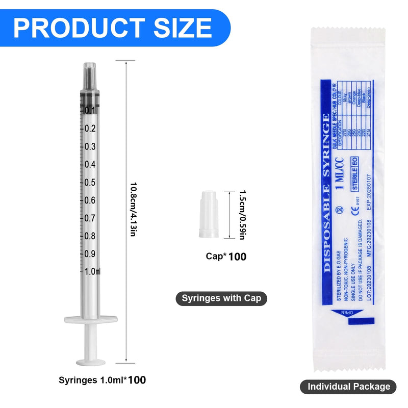 Pack of 100 1 ml Colostrum Syringe with Caps without Needle Colostrum Syringe Plastic Syringes for Refilling and Measuring Liquids, 1 ml Syringe for Scientific Laboratories, Plant Watering 100 Stück