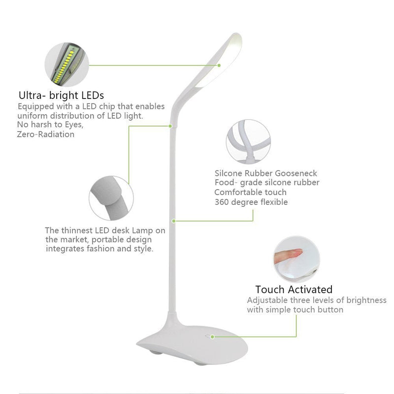 Greaty Portable Touch Control LED Desk Lamp Eye Care Rechargeable Dimmable Reading Light with Gooseneck and USB Charging Port, 3 Levels of Adjustable Brightness (White) (Pink) White,pink
