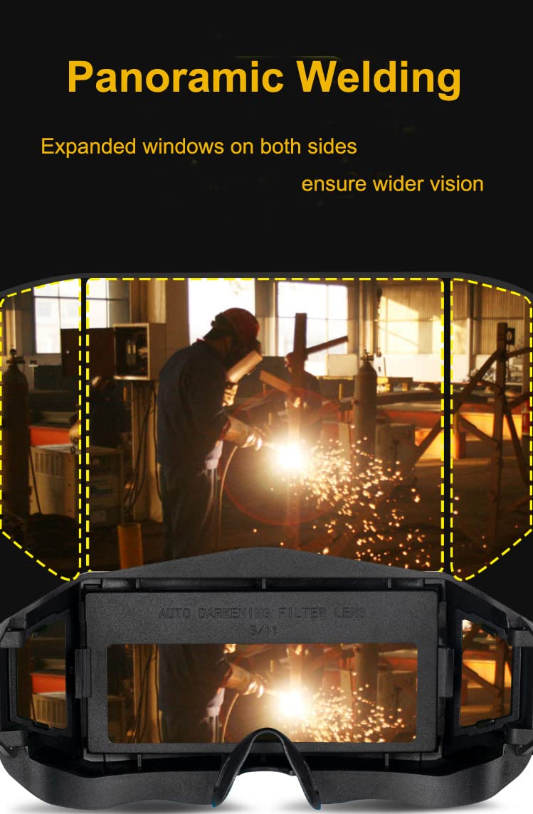 Holiberty Panoramic View Welding Glasses Solar Powered Auto Darkening Welding Lens Safety Eye Protection Goggles Weld Tool Black