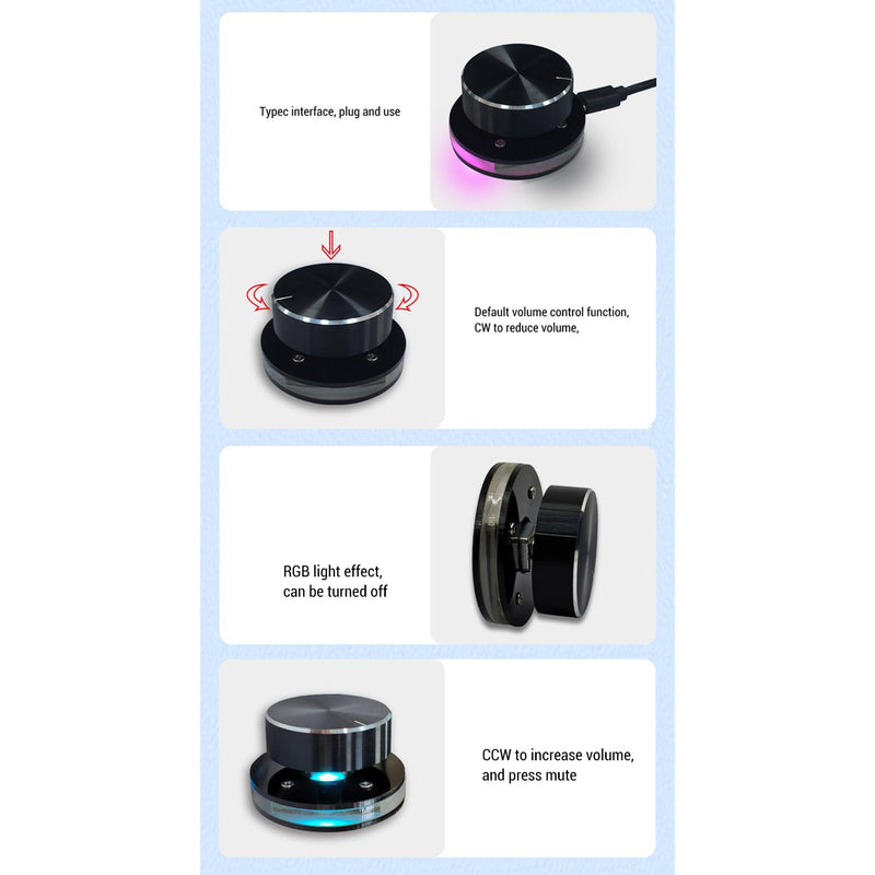 USB Volume Control Knob for Android System PC Multimedia, USB Volume Knob Multimedia Controller with RGB Light, Type C External Media Adjustment Controller, Computer Sound Control