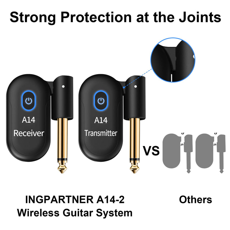 A14 Wireless Guitar System 2.4GHz 2 Modes, Thumb-Size, 90° Rotatable, Wireless Guitar Transmitter Receiver 100ft Range, Plug & Play for Guitar, Bass, Violin, Keyboard - Black (2TX + 1RX) 2TX + 1RX