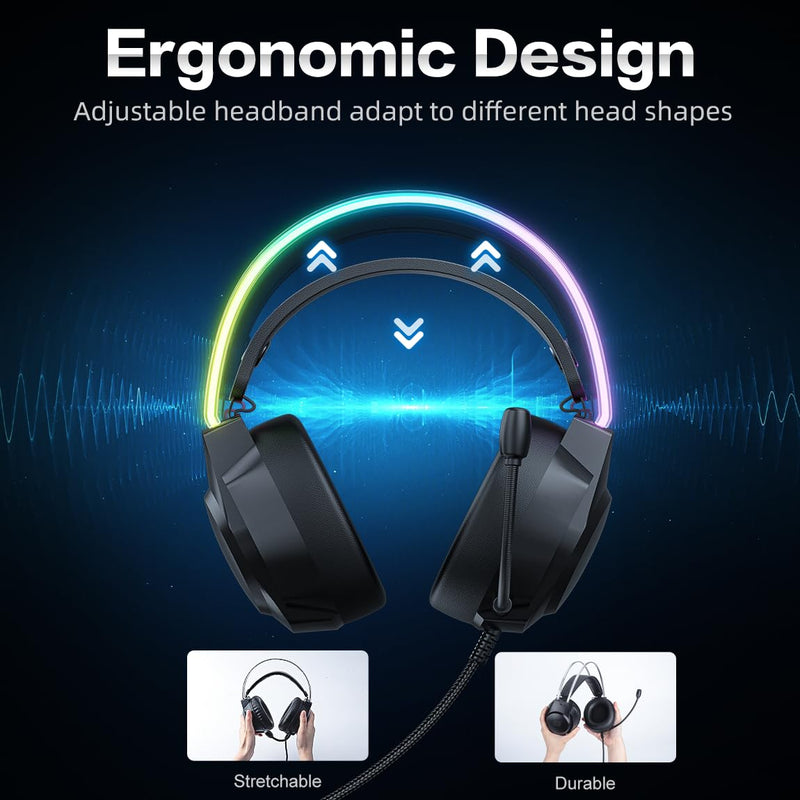 Gaming Headset with Microphone, Cat Ear Headphones for PC Laptop PS4 PS5 Xbox Switch, Rainbow RGB Lighting & Virtual Surround Sound, 3.5mm Wired Over Ear Headphones, Ergonomic Black Cat Ear
