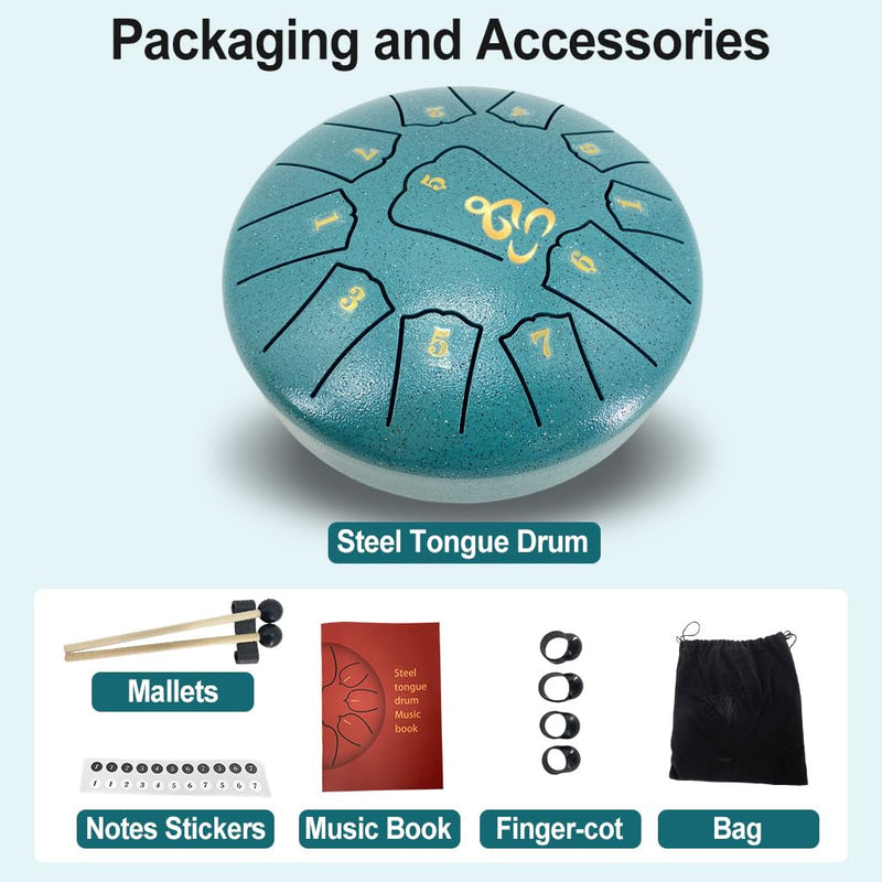 Steel Tongue Drum for Kids, 6 Inches 11 Notes Rain Drum for Garden with Music Book, Drum Mallets Meditation Rain Chime,Musical Instrument for Adults 6 Inch 11 Notes-D Major Malachite Green