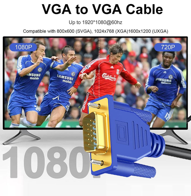 VGA Cable 10 Feet, VGA Computer Monitor Cable Adapter, Gold-Plated Shielded VGA Cord HD15 1080P@60Hz Full HD High Resolution Pure Copper Wire for TV Computer Monitor Display Projector-Blue VGA Blue 1-Pack