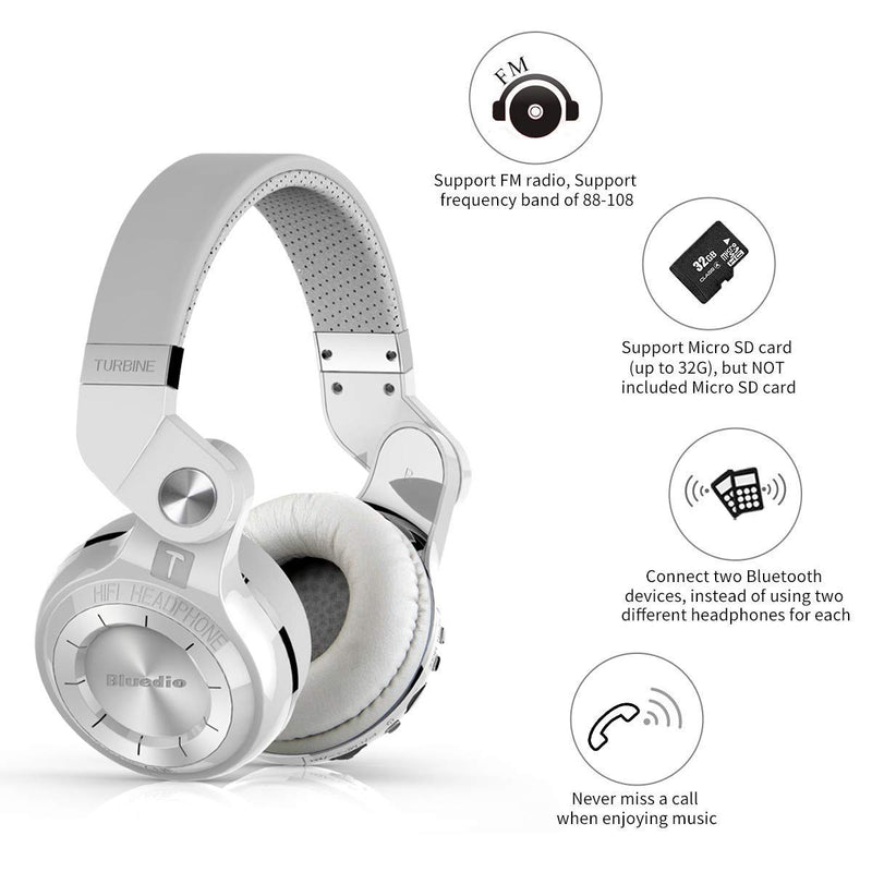 Bluedio T2 Plus Turbine Wireless Bluetooth Headphones with Mic/Micro SD Card Slot/FM Radio (White) White 186x85x200mm closed-back
