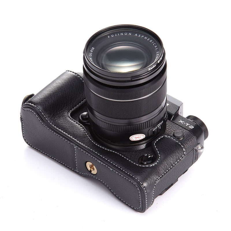 X-T2 X-T3 Case, BolinUS Handmade Genuine Real Leather Half Camera Case Bag Cover for Fujifilm X-T2 Fuji XT2 Bottom Opening Version Hand Strap -Black Black