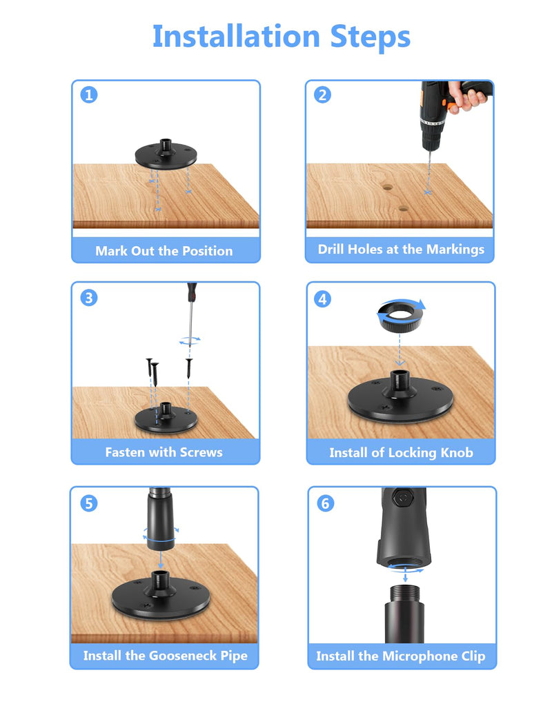 [AUSTRALIA] - 19" Gooseneck Mic Stand with Wall & Desk Flange Mount - Heavy-Duty Adjustable Microphone Arm, Universal Mic Holder & Cable Ties, 5/8 to 3/8 Adapter, Ideal for Podium, Podcasting Studio and Streaming 19-inch + Flange Mount 