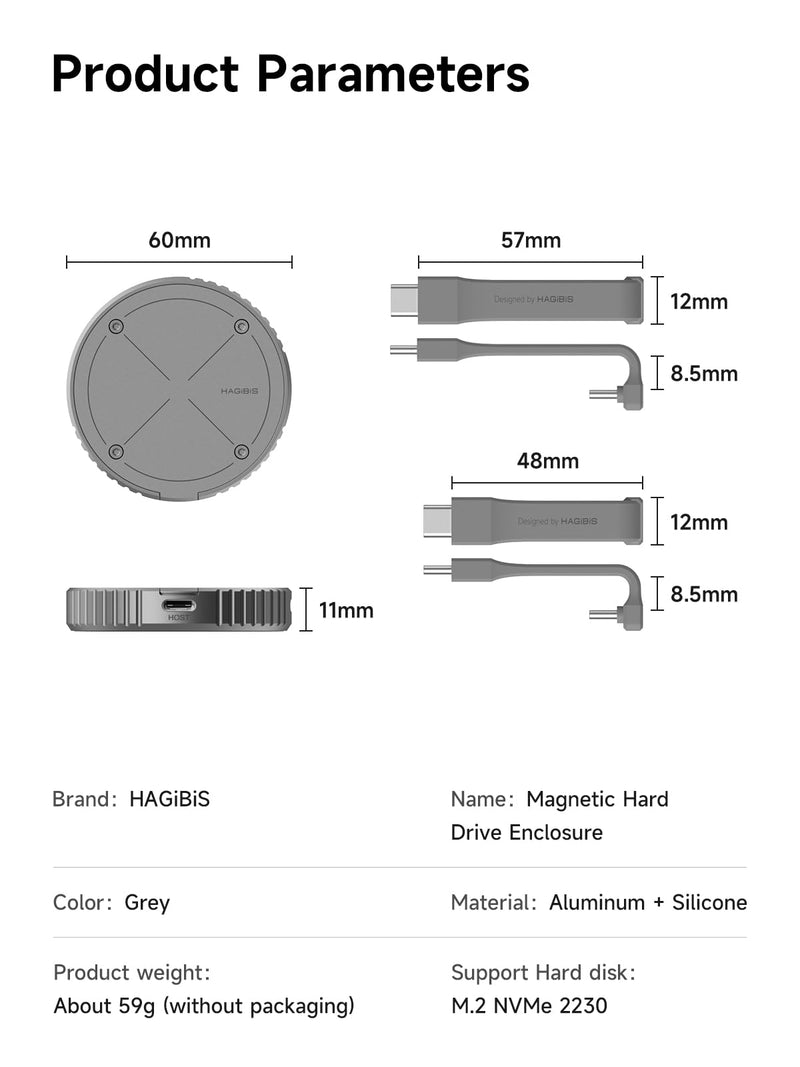 Hagibis Magnetic M.2 2230 NVMe SSD Enclosure with Magsafe for iPhone 17 16 15 Pro Max ProRes, USB C 3.2 Gen2 10Gbps to NVMe Adapter, Aluminum External SSD Case for MacBook, iPad Pro, Android (MC100) MC100