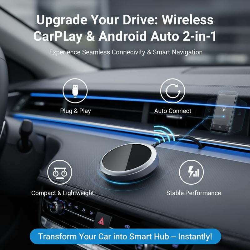 GPY 2-in-1 Wireless CarPlay Adapter 2026 for Apple & Android Auto Adapter | Plug & Play CarPlay Dongle Converter, Fast Auto-Connect, Compact Design Fast Stable Connection with USB/USB-C Port (Grey) Grey