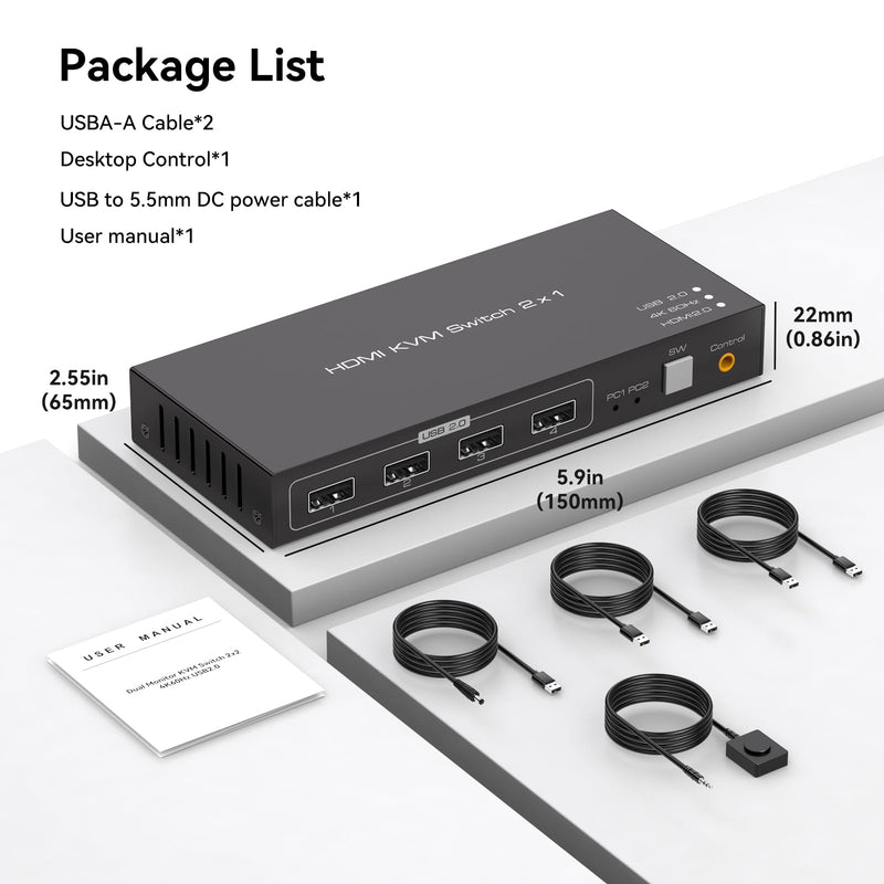 KVM Switch 1 Monitors 2 Computers HDMI KVM Switches 4K60HZ for 2 Computers Sharing Single Monitor and Keyboard Mouse Hard Drives Printer with Two USB Cables and Wired Controller SW201ABC Deep Black