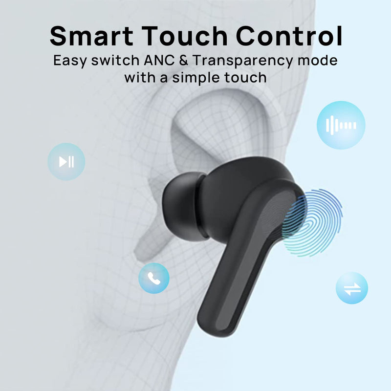 True Wireless Earbuds, Bluetooth 5.1 Active Noise Cancelling Headphones, Sliding Design Charging Case 500mAh, IPX4 Waterproof, Deep Bass Built-in Mic Call for Business & Sports - Black