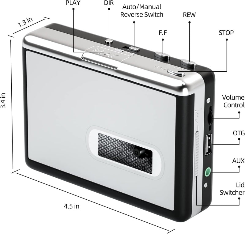 [AUSTRALIA] - Reshow Portable Cassette Tape Player, Best Overall Standalone USB to MP3 Converter, Audio Cassette to Digital Converter Automatically Divides -Silver Silver 
