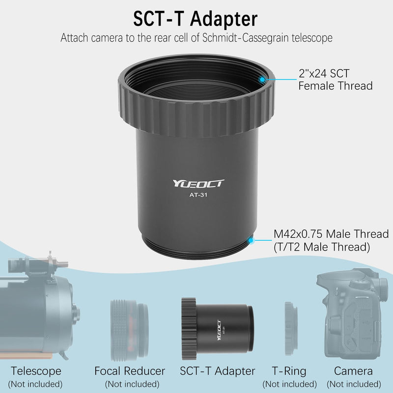 SCT-T Adapter, 2" x24 SCT Female Thread to T T2 M42x0.75 Male Thread, T-Adapter for 2" x24 Schmidt Cassegrain Telescope Visual Back OTA Reducer Corrector Lens