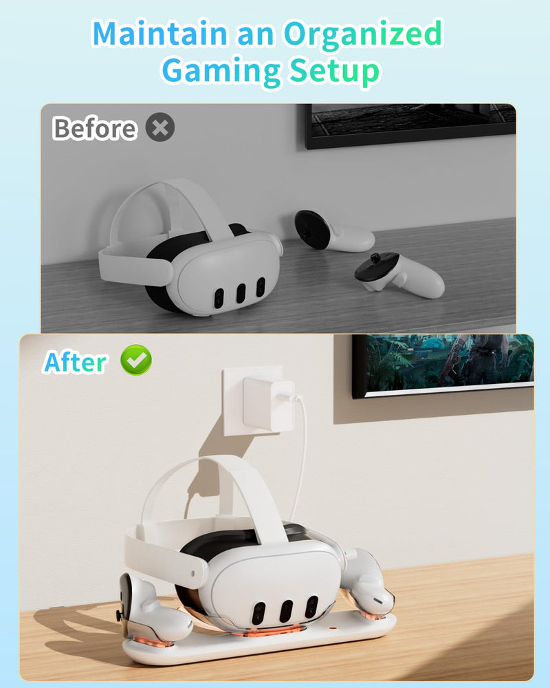 Charging Dock for Meta Quest 3, OLCLSS Charging Station for Oculus Quest 3 Accessories with RGB Light, Magnetic Charging Stand for VR Headset and Controller with 2 Rechargeable Batteries (White) White