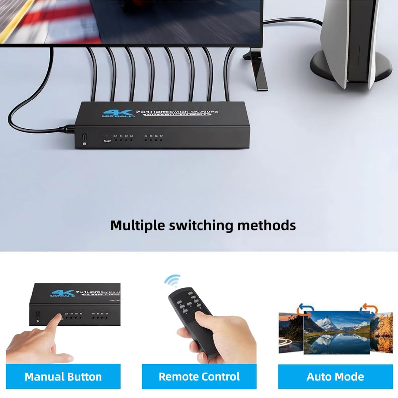 [AUSTRALIA] - HDMI Switch, 4K@60Hz HDMI Switcher 7 in 1 Out with IR Remote, 7 Port HDMI Selector Box Support HDMI2.0, Dolby Vision/Atmos, HDR10 for Box, Switch, PS5/4, Roku, Fire -Stick-Black 4K@60Hz 7 in 1 Out black 