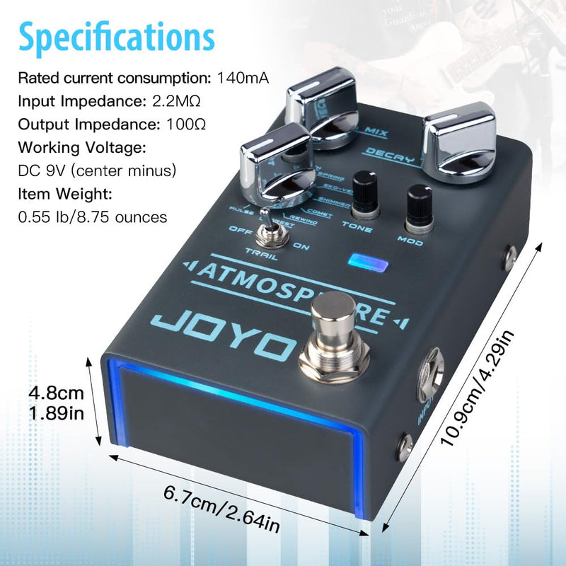 JOYO Reverb Pedal 9 Digital Reverb Types with Modulation and Trail Function for Electric Guitar Effect (Atmosphere R-14) Reverb,Modulation Blue Gray
