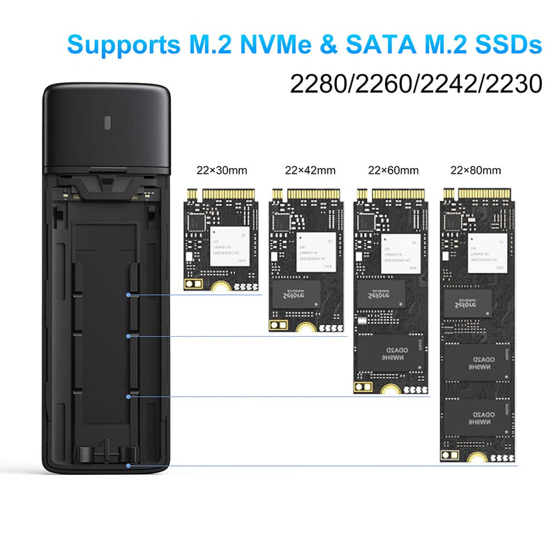 M.2 NVME SATA SSD Enclosure Adapter Tool-Free, RTL9210B Chips, USB C 3.1 Gen 2 10Gbps NVME, 6Gbps SATA PCIe M-Key(B+M Key), Support UASP Trim for SSD Size 2230/2242/2260/2280
