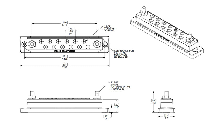 Blue Sea Systems 2105 250 Amp MaxiBus BusBar with 12 screws 250A - 18 Stud, no Cover