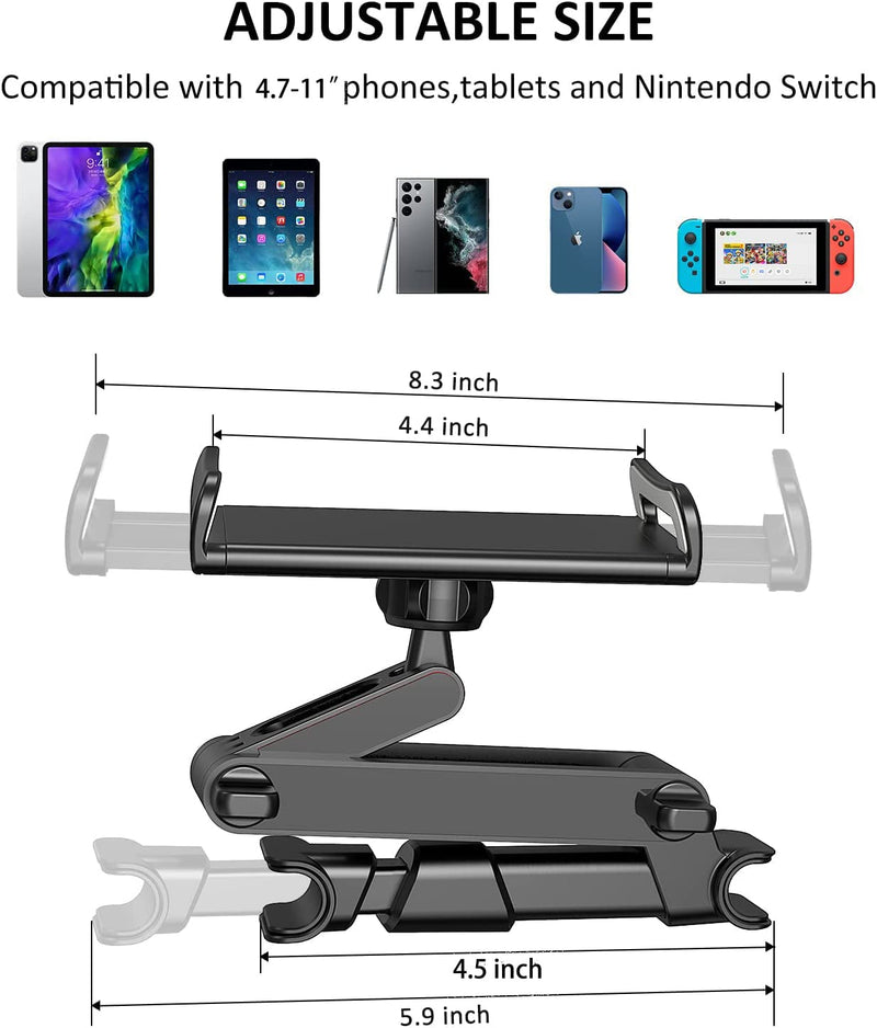 Car Headrest Backseat Mount, 360° Rotating Adjustable Car Backseat Headrest Tablet/Phone Holder, Compatible for All 4"-11" Tablets, cellphones, iPhone, iPad Air Mini,Tabs Switch. Black