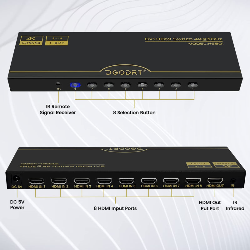 [AUSTRALIA] - DGODRT 8×1 HDMI Switch 8 in 1 Out, 8 Port 4K HDMI Switcher Selector Box with IR Remote Control, Support 4K@30Hz Ultra HDR HDCP 3D 1080P for Xbox PS4 PC Laptop 4K@30Hz/8 in 1 Out 