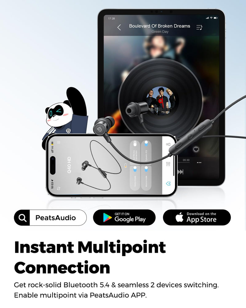 SoundPEATS Q40 HD - Sports Neckband Bluetooth Headphones - Black | LDAC Hi-Res Audio,Bluetooth 6.0, IP67 Waterproof Wireless Earbuds, 20H Playtime for Running Gym, Fast Charge Dual Pairing