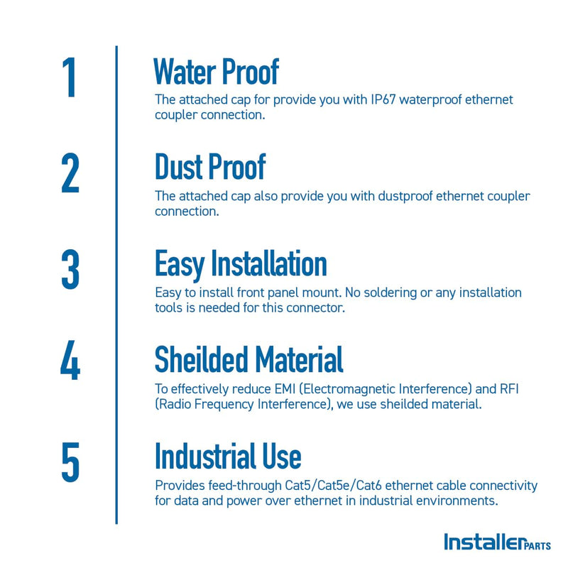 InstallerParts Cat6 RJ45 Shielded Industrial Panel Mount Bulkhead Female/Female Feed Thru Coupler - Network Connectors - IP67 Waterproof/Dust Cap, 5 Pack, Black
