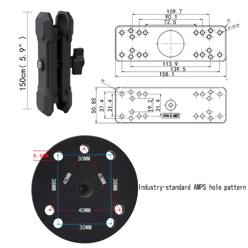 Aluminum Alloy Fish Finder Mount with C Size 1.5" / 38mm Ball | 5.9" Arm Marine Electronic Mount Compatible with Garmin,Humminbird, Lowrance and More