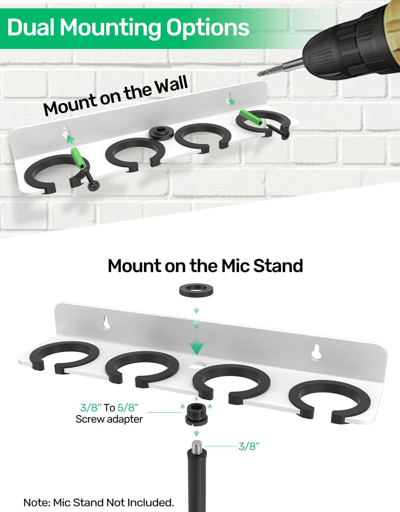 4-Slot White Multi Microphone Holder for Wired and Wireless Mics, Hold Up to 4 Mics, Multiple Mic Organizer Storage for Mic Stand, Rubber Padding/Wall Mounted or Mounted to 5/8"-27 or 3/8"-16 Stand