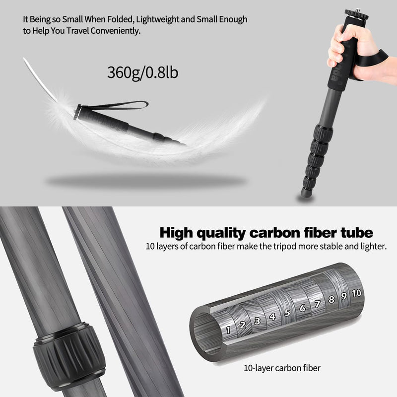 Koolehaoda 62" Camera Monopod 6 Section Compact Carbon Fiber Unipod | Extendable Photography Monopod with Phone Holder for DSLR Mirrorless Cameras Video Camcorder Max Load 10kg/22lbs Carbon Fiber Monopod