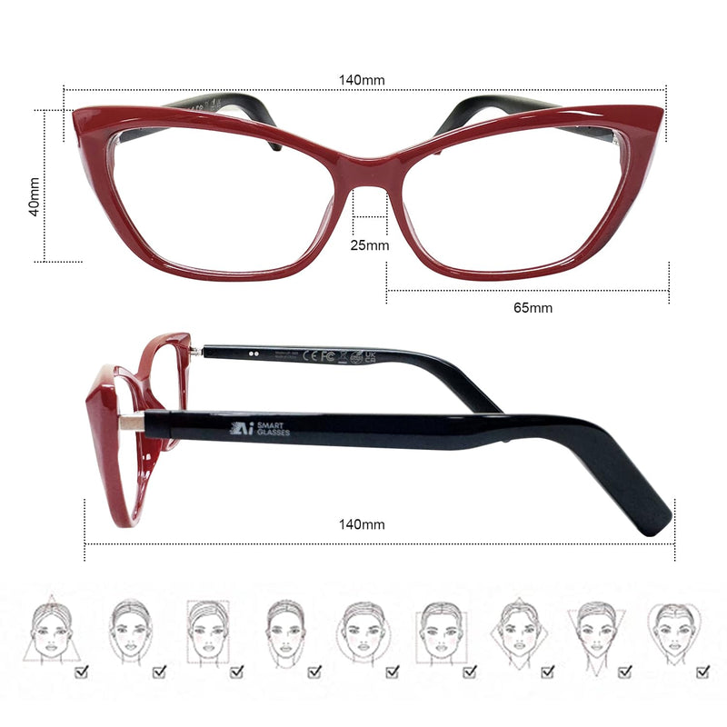 AI Smart Glasses for Women Men, Bluetooth Glasses, Butterfly Frame Red | AI Assistant with Free App, Photo Translation, Open-Ear Audio, Lightweight，Photochromic Lenses for Shopping Travel Daily Wear Red-Fashion butterfly frames