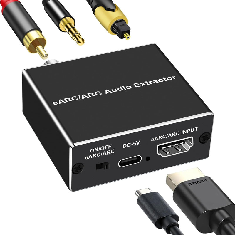 HDMI eARC/ARC Audio Extractor, 192KHz HDMI ARC/eARC to Optical Audio Adapter Converter to Optical+ Coaxial and Analog 3.5mm for HDTV Soundbars, Home Theaters-PCM/ Dolby5.1 & DTS 5.1 Formats eARC-01
