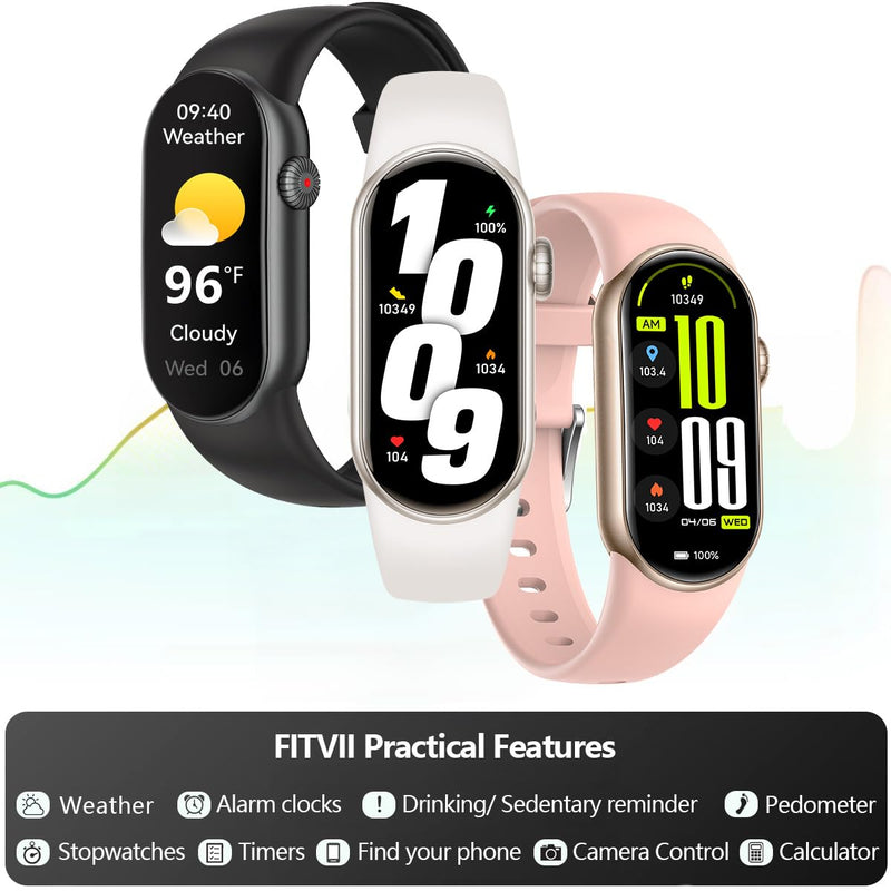 FITVII Slim Fitness Tracker AMOLED with Blood Oxygen, Blood Pressure, 24/7 Heart Rate and Sleep Tracking, IP68 Waterproof Activity Trackers and Smart Watches with Step Tracker, Pedometer for Women Men