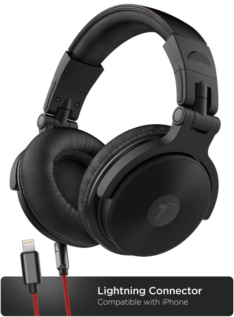 Thore Over Ear iPhone Headphones with Lightning Connector (Apple MFi Certified) – Closed Back Studio DJ Monitor Earphones (50mm Neodymium Drivers) (V200 Black/Red)