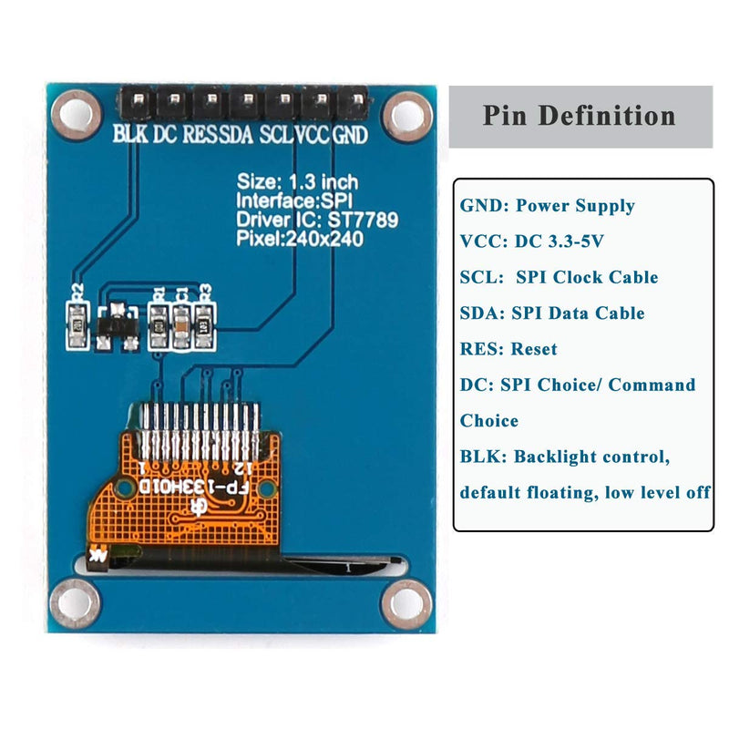Fasizi 1.3" TFT LCD Screen Module 240x240 IPS 65K Full Color 3.3V with SPI Interface ST7789 IC Driver for 51 STM32