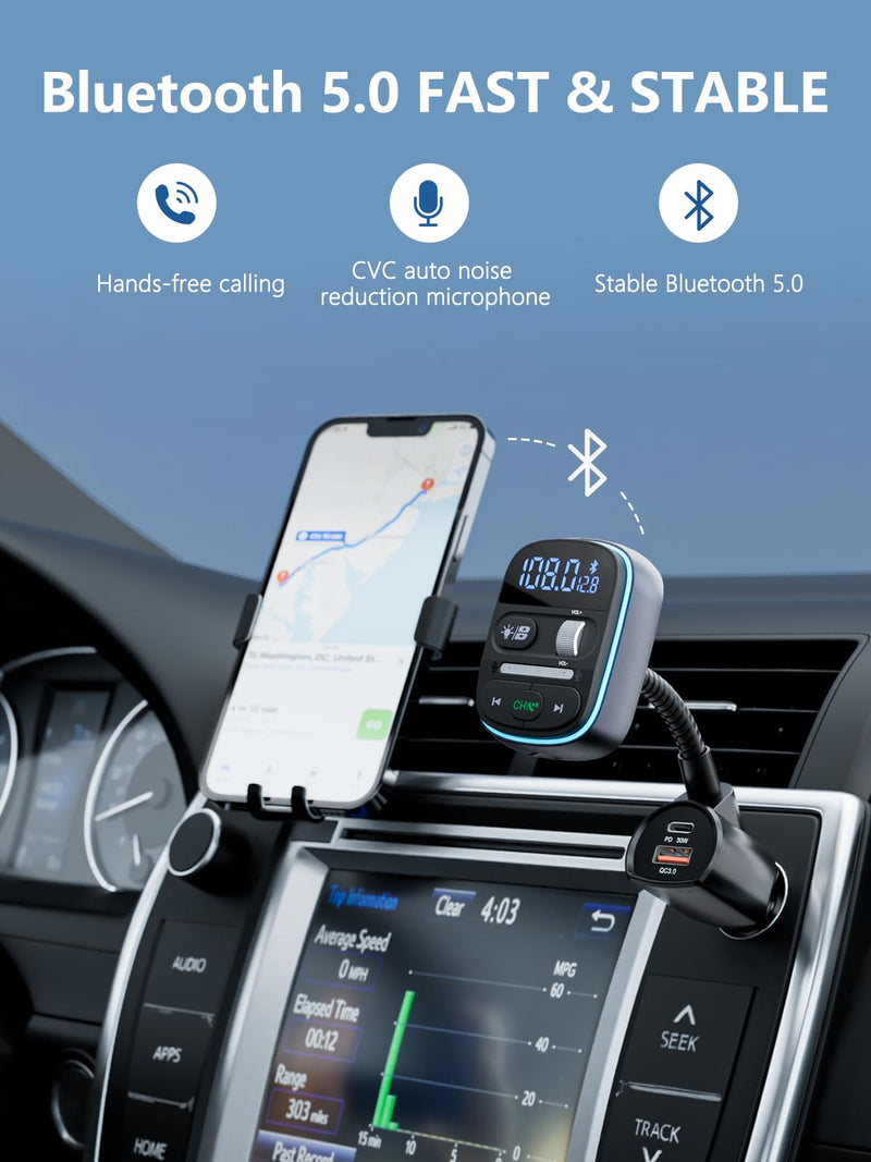 [AUSTRALIA] - LENCENT Bluetooth FM Transmitter PD 30W, Bluetooth Car Adapter with QC3.0 Fast Charger, Hi-Fi Bass Music, Wireless Radio Receiver Hands-Free Calling, [Color Light] 