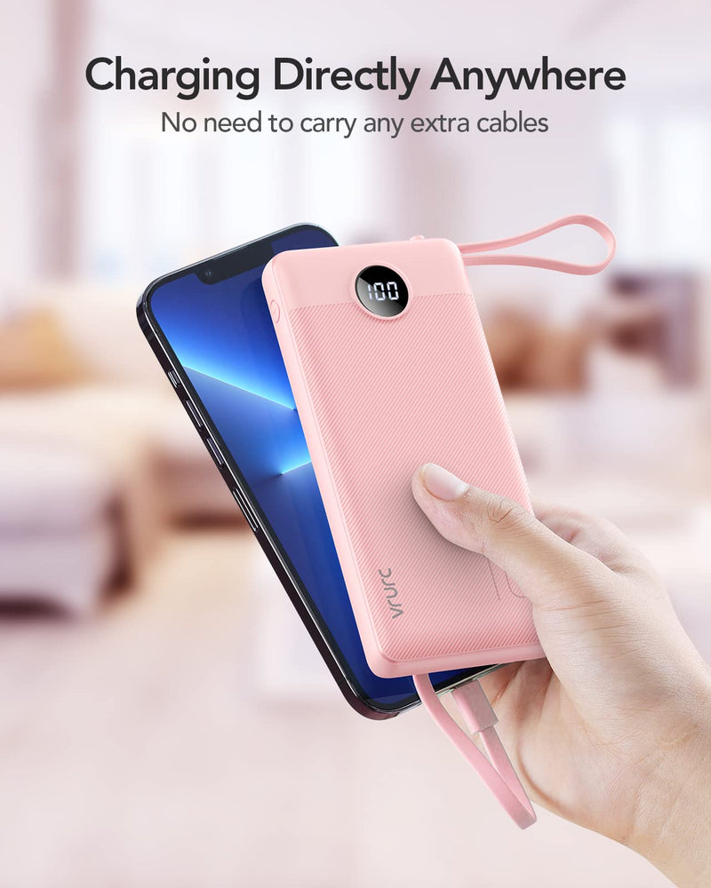 VRURC Portable Charger 10000mAh, Slim LED Display Power Bank, 5 Output 2 Input Cell Phone Battery Pack, Built-in Micro & USB C Cables Phone Charger Compatible with iPhone,Samsung,Android-Pink(1 Pack) Pink