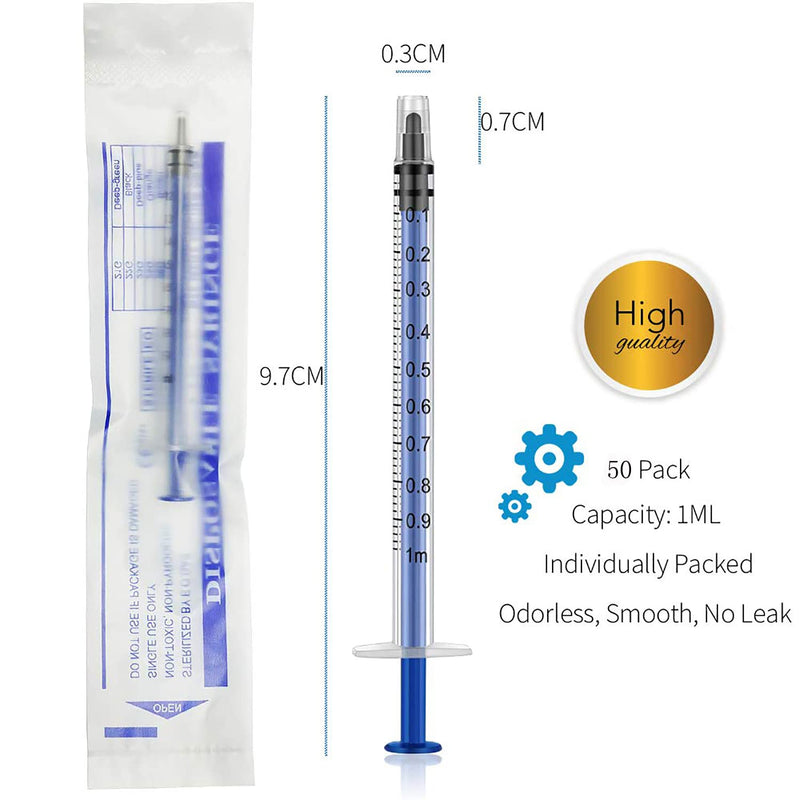 [AUSTRALIA] - 50 Pieces 1ml Syringe with Cap, Individually Sealed 1cc Syringe with Luer Slip Tip without Needle for Refilling, Feeding Pets, Oral, Oil or Glue Applicator 